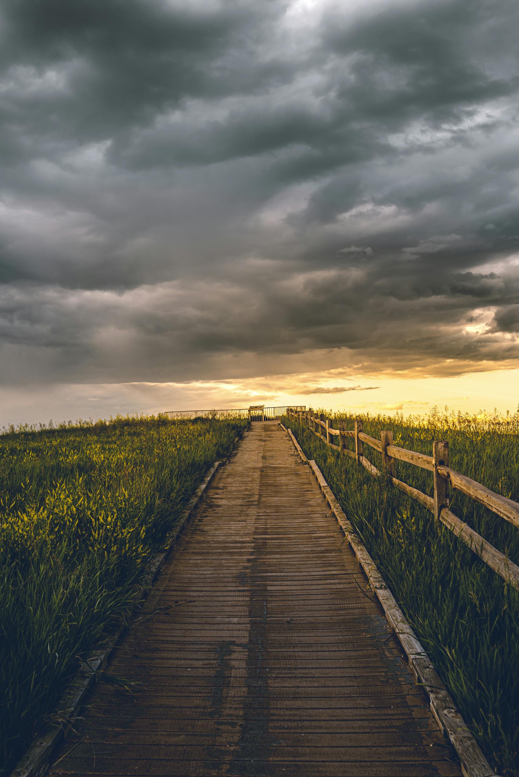 A scenic wooden pathway leads through grassy fields under dramatic clouds at sunset.